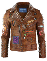 Tiger Print Cow Skin Leather, Brando Fashion Brown Clothing, Spikes Badges Jacket, Steampunk Silver Studs, Werewolf Curse Rivets Outfit,